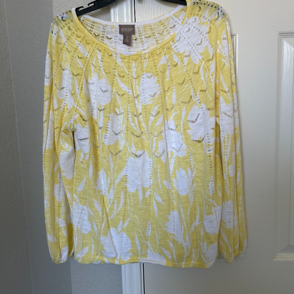 Chico's Lightweight Pullover Long Sleeve Shirt-Yellow/White-Chico 2- (Large/12)